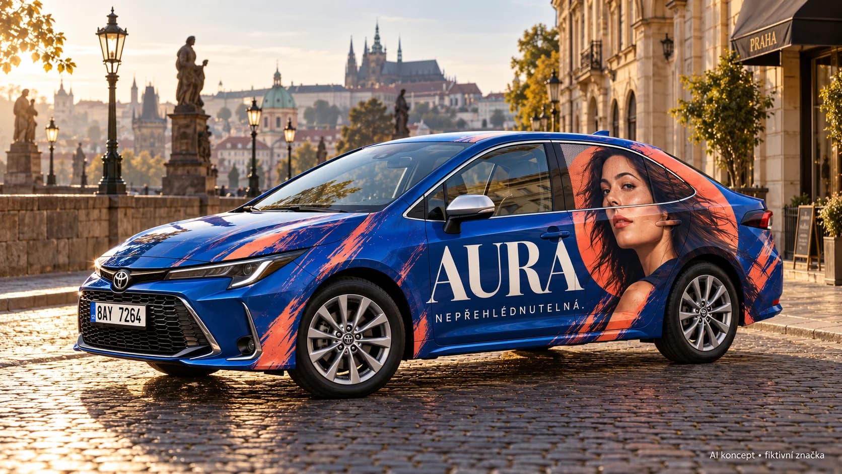AI koncept modro-korálového celopolepu Toyota Corolla se ženským portrétem a ukázkovou značkou AURA