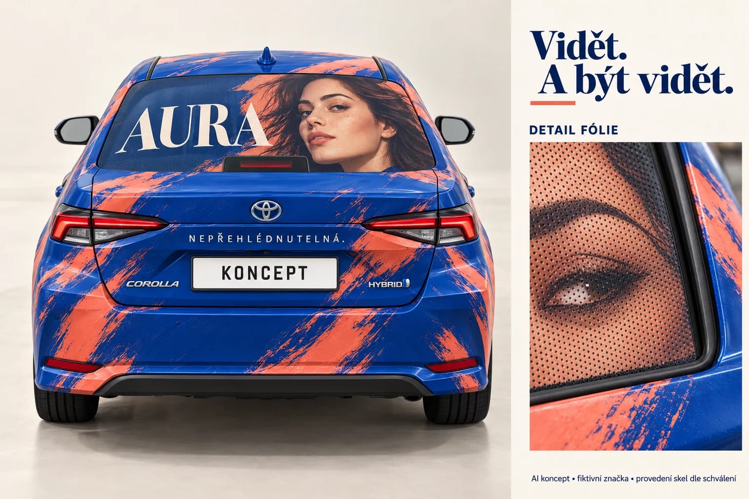 AI návrh reklamy na zadním skle Corolly s odkrytým třetím brzdovým světlem a zvětšeným detailem perforované fólie