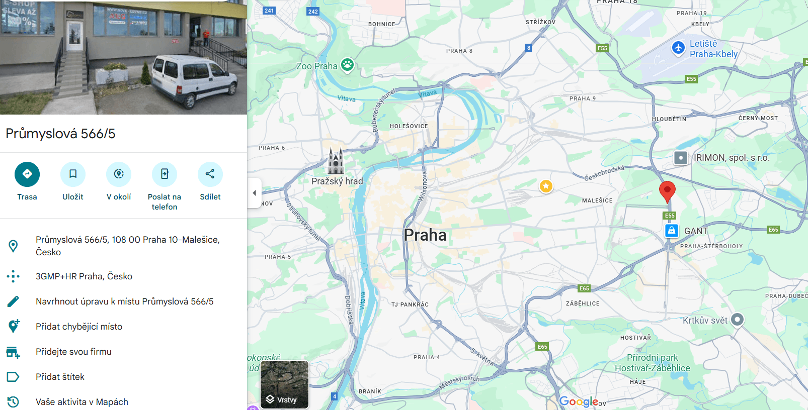 Mapa s vyznačenou adresou Průmyslová 566/5, Praha
